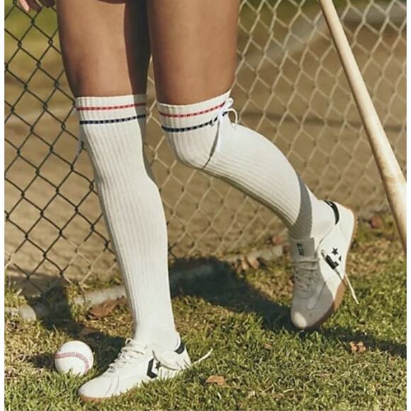 Free People Movement White Knee High Socks Stripes Bows One Size NWT - Picture 1 of 8